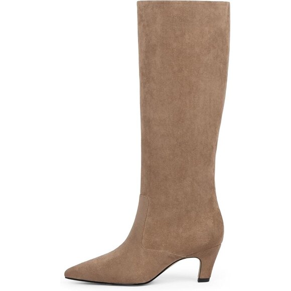 Women's Tan Suede Pointed Toe Kitten Low Heel Faux Leather Fall Long Boots - Picture 4 of 8